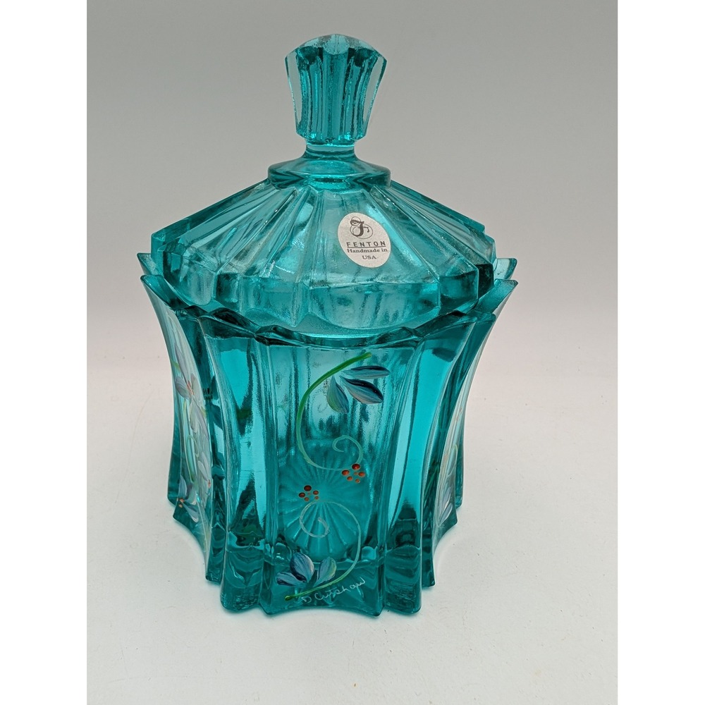 Fenton Art Glass Aqua Vulkan Lidded Candy Jar Hand Painted Floral D Cutshaw USA